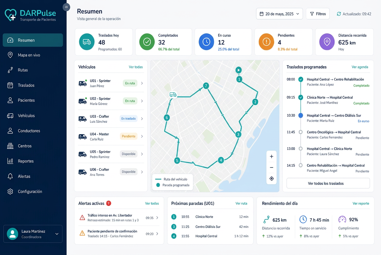 Panel DARPulse con el mapa de rutas del día, la lista de vehículos y el estado de cada traslado